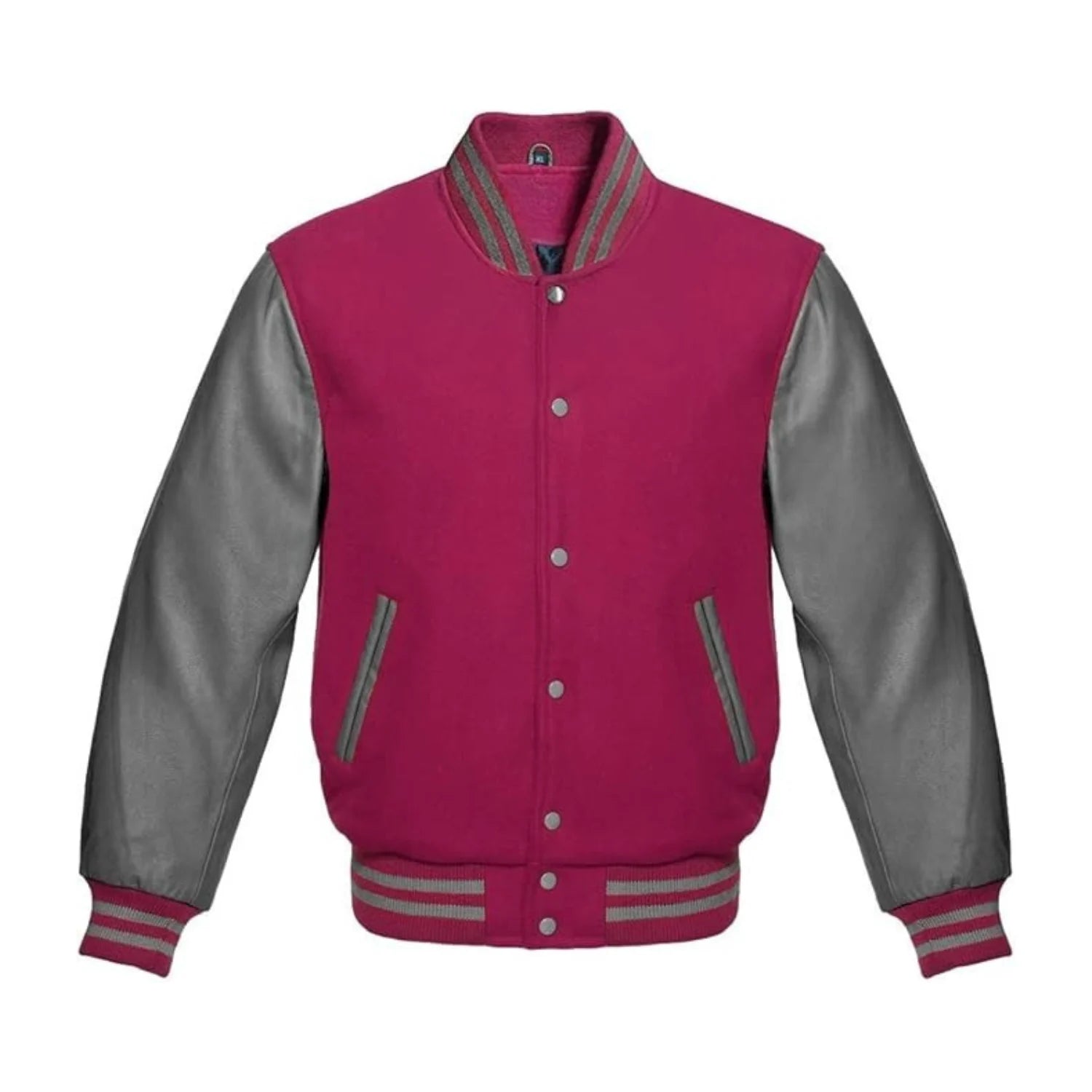 Hot Pink Wool and Gray Leather Varsity Jacket