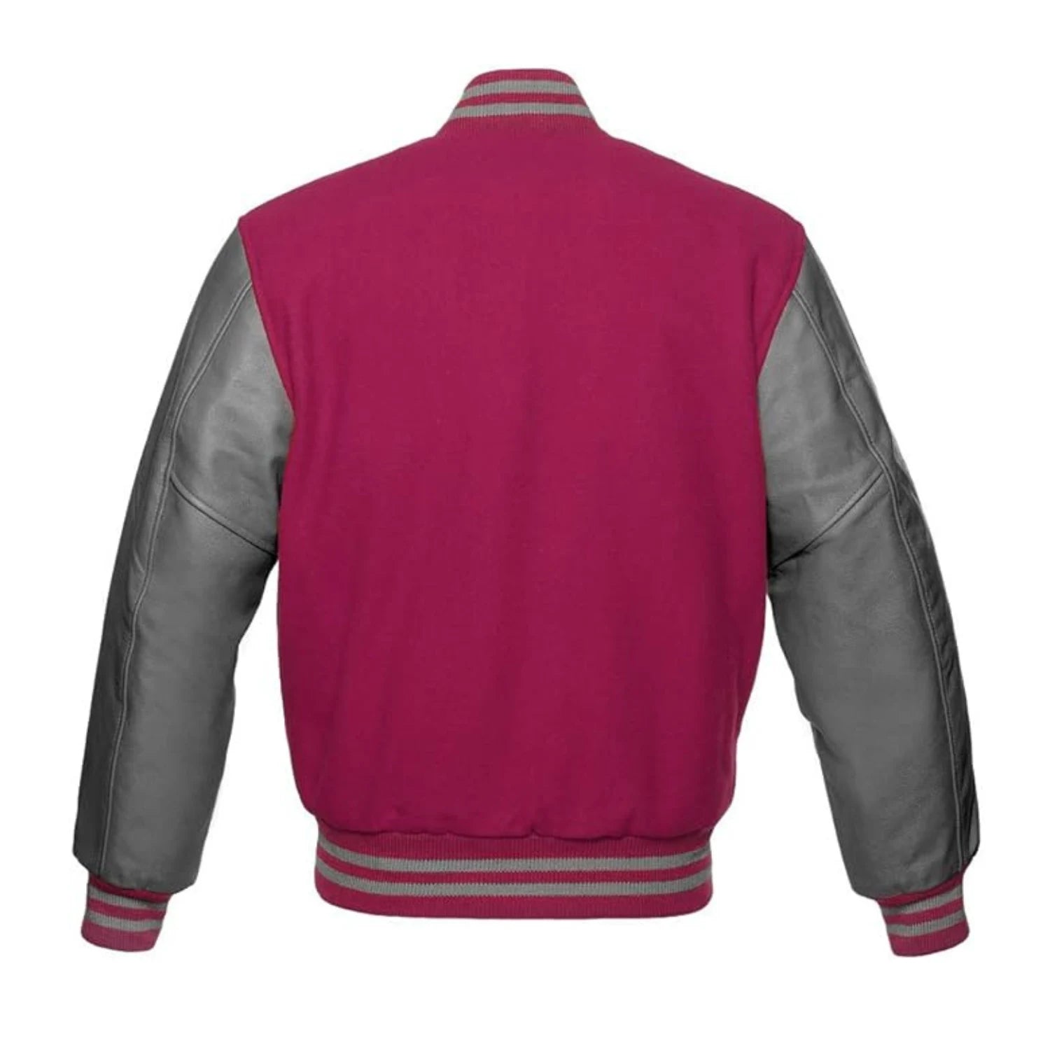 Hot Pink Wool and Gray Leather Varsity Jacket Back Side