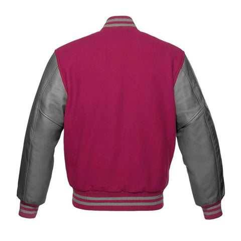 Hot Pink Wool and Gray Leather Varsity Jacket Back Side