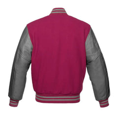 Hot Pink and Grey Varsity Jacket with Wool Body and Leather Sleeves Back Side