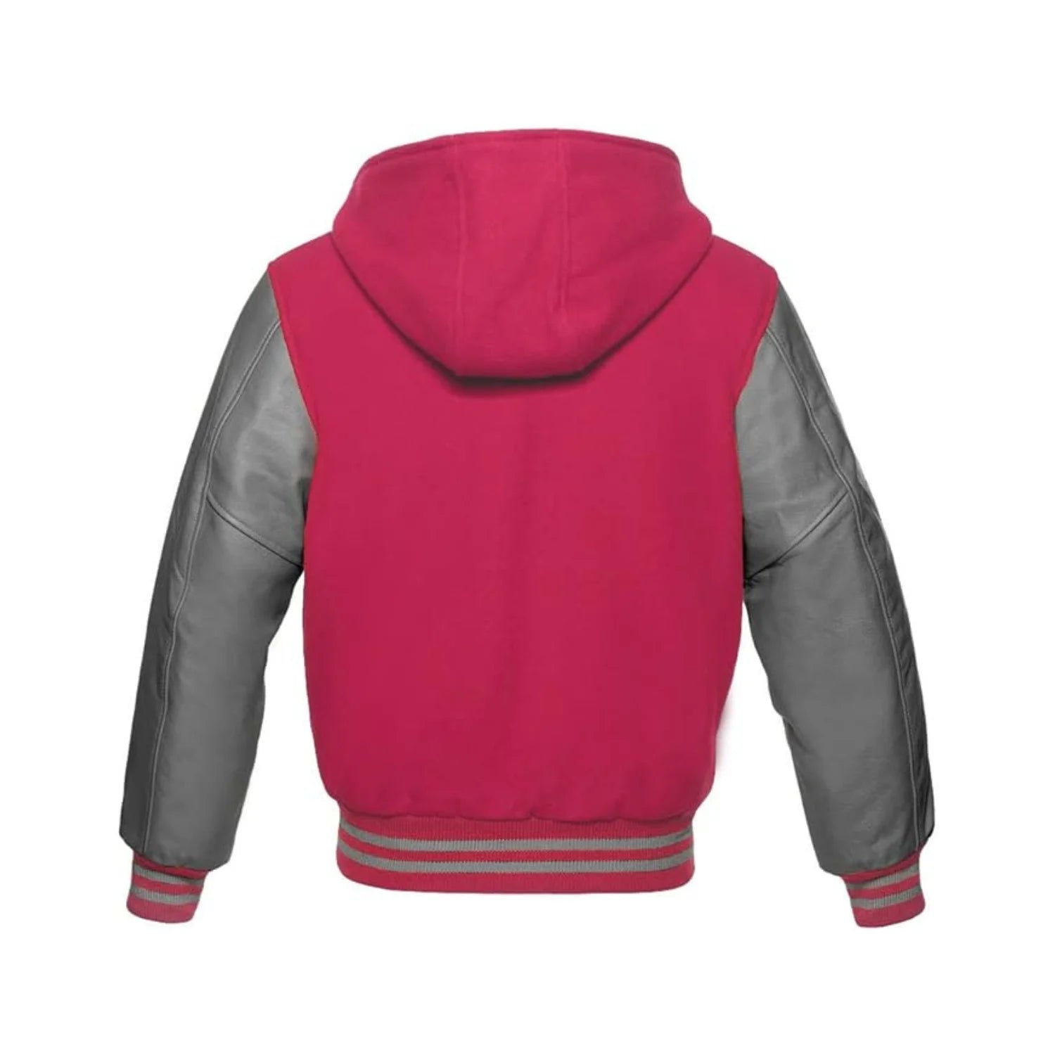 Hot Pink Wool and Grey Leather Hooded Varsity Jacket Back Side