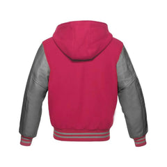 Hot Pink Wool and Grey Leather Hooded Varsity Jacket Back Side