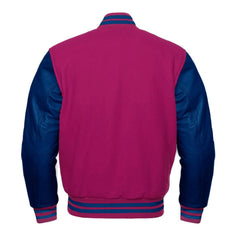 Hot Pink and Navy Varsity Jacket with Wool Body and Leather Sleeves Back Side