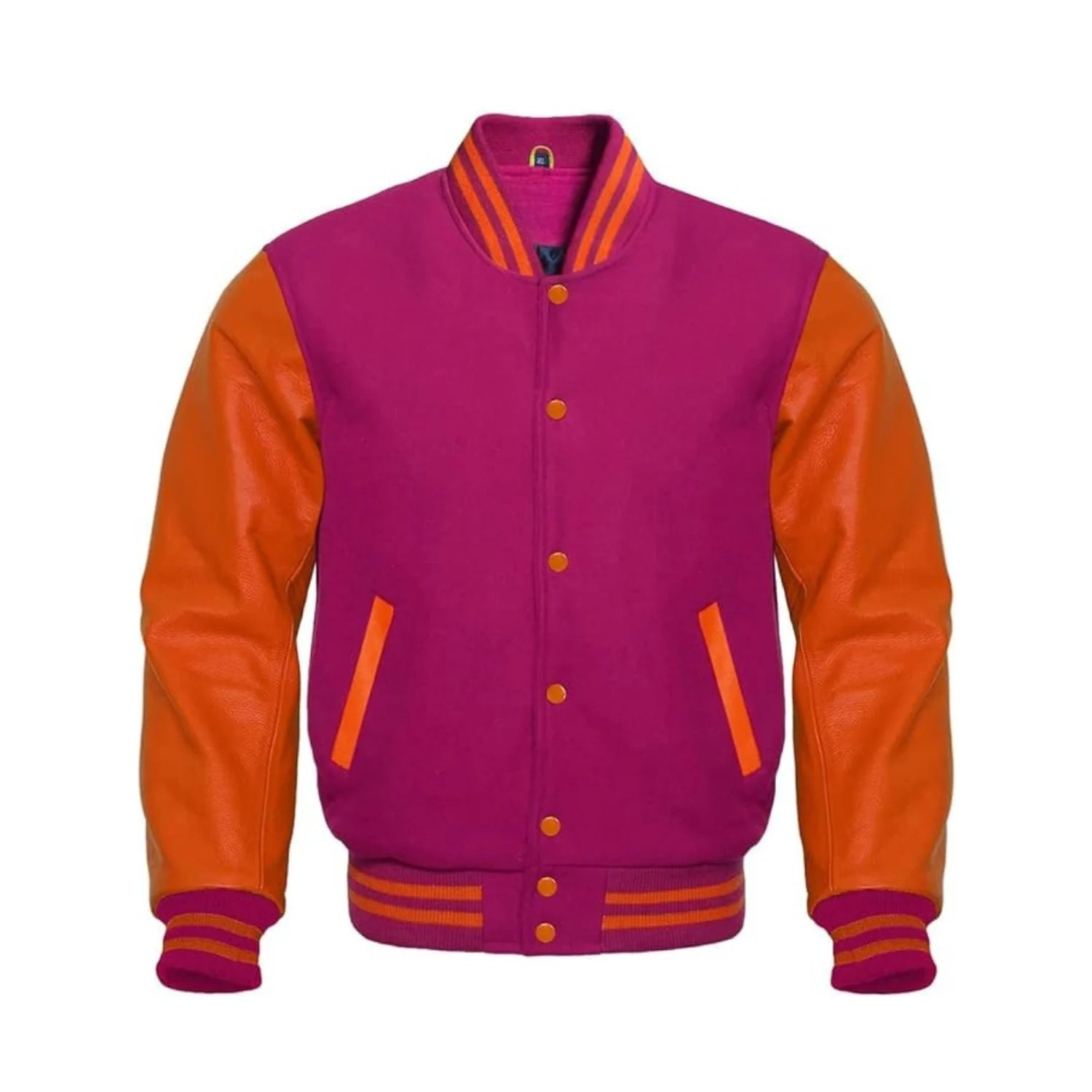 Hot Pink Wool and Orange Leather Varsity Jacket