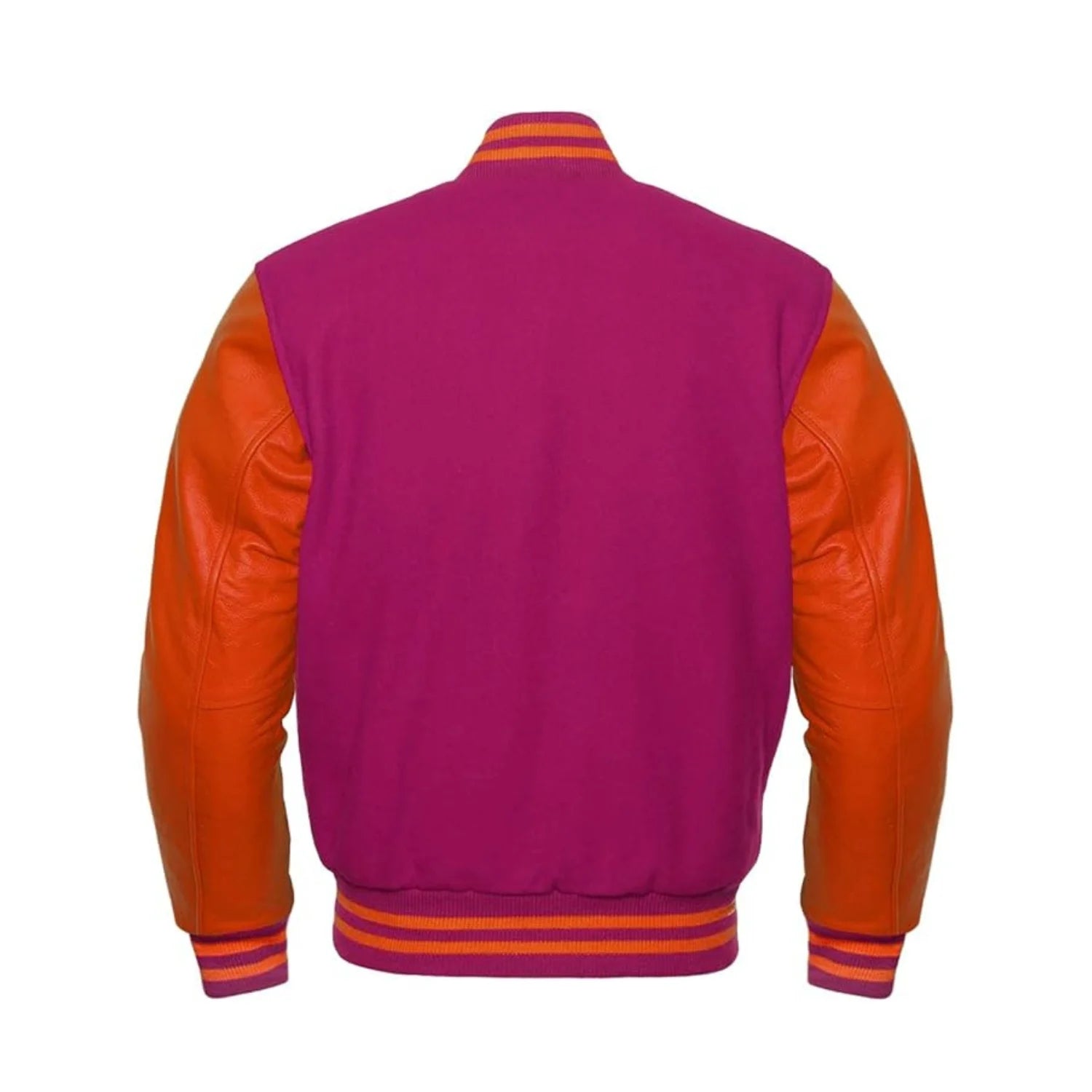 Hot Pink Wool and Orange Leather Varsity Jacket Back Side