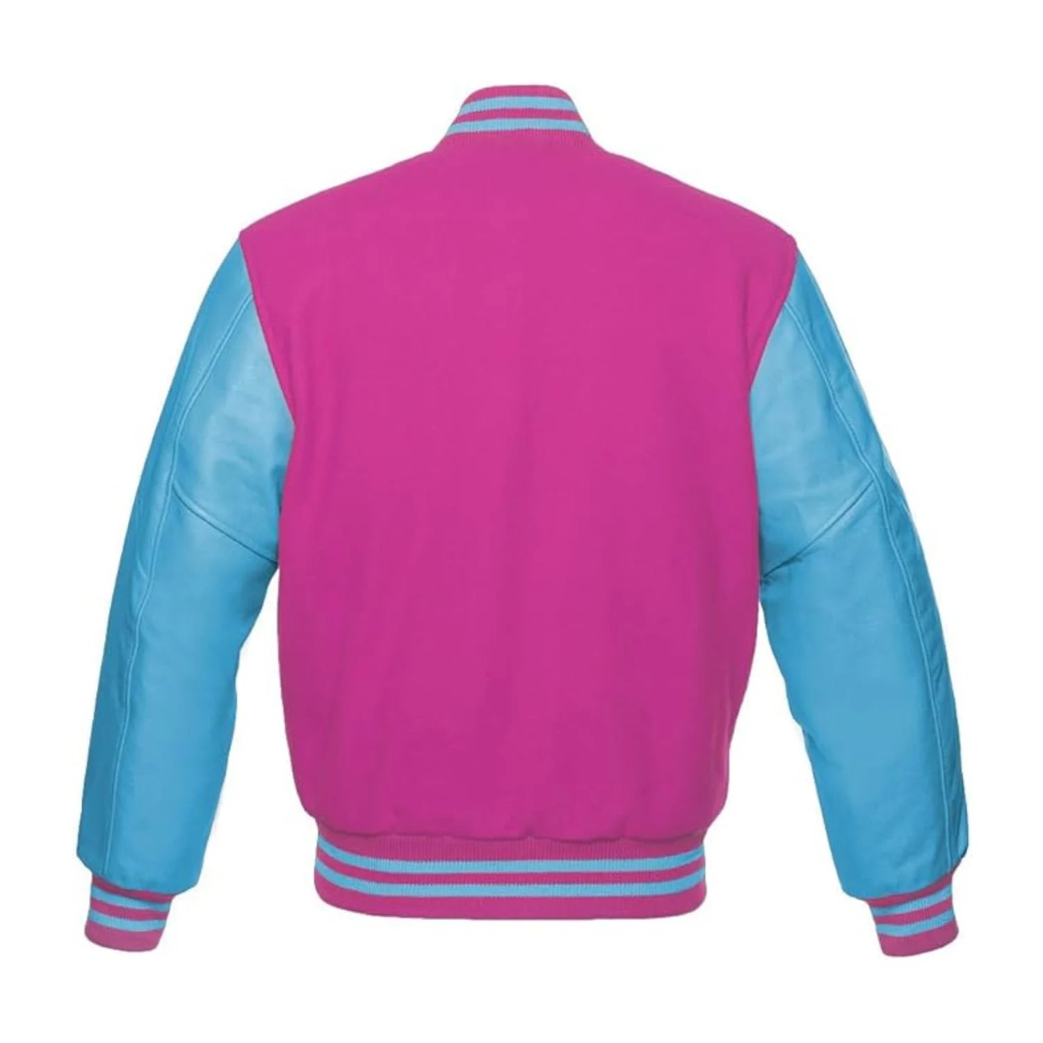 Hot Pink Wool and Sky Leather Varsity Jacket Back Side