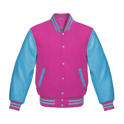 Hot Pink Wool and Sky Leather Varsity Jacket