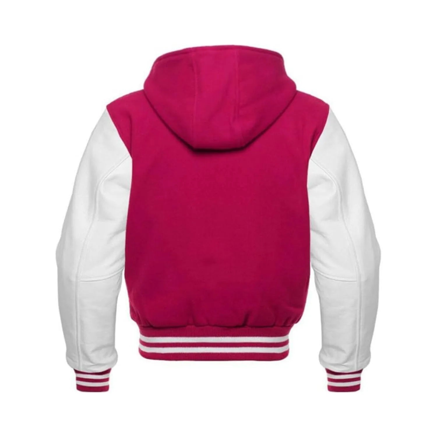 Hot Pink Wool and White Leather Hooded Varsity Jacket Back Side
