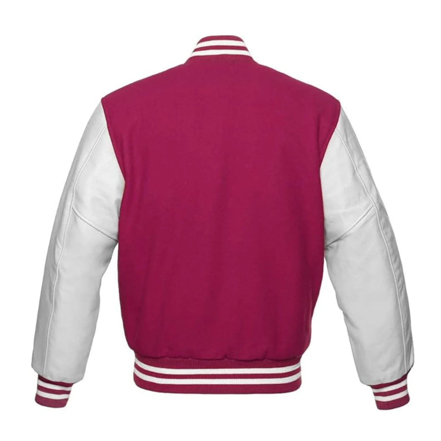 Hot Pink Wool and White Leather Varsity Jacket Back Side
