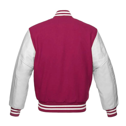 Hot Pink Wool and White Leather Varsity Jacket Back Side