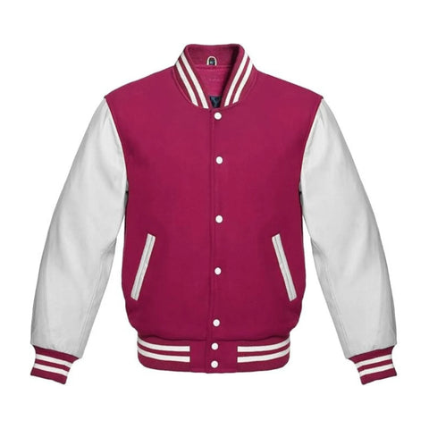 Hot Pink Wool and White Leather Varsity Jacket