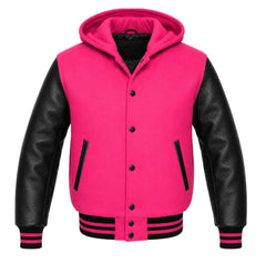 Hot Pink and Black Letterman Jacket with Hood