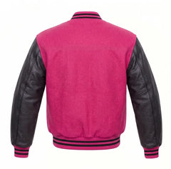 Hot Pink and Black Varsity Jacket with Wool Body and Leather Sleeves Back View