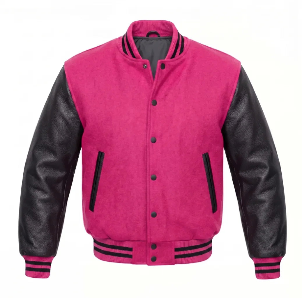 Hot Pink and Black Varsity Jacket with Wool Body and Leather Sleeves