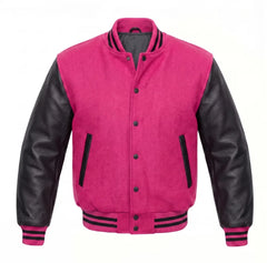 Hot Pink and Black Varsity Jacket with Wool Body and Leather Sleeves