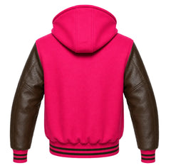 Hot Pink and Brown Letterman Jacket with Hood