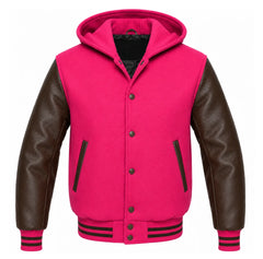 Hot Pink and Brown Letterman Jacket with Hood