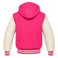 Hot Pink and Cream Hooded Letterman Jacket