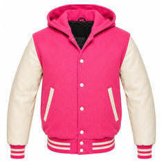 Hot Pink and Cream Hooded Letterman Jacket