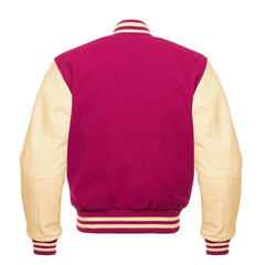 Hot Pink and Cream Varsity Jacket with Wool Body and Leather Sleeves Back Side