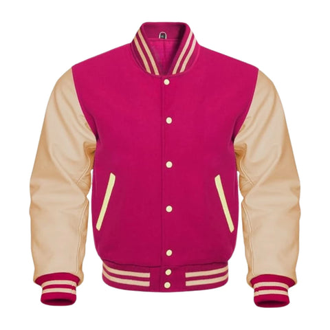 Hot Pink and Cream Varsity Jacket with Wool Body and Leather Sleeves