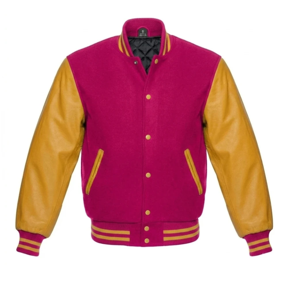 Hot Pink and Gold Varsity Jacket with Wool Body and Leather Sleeves