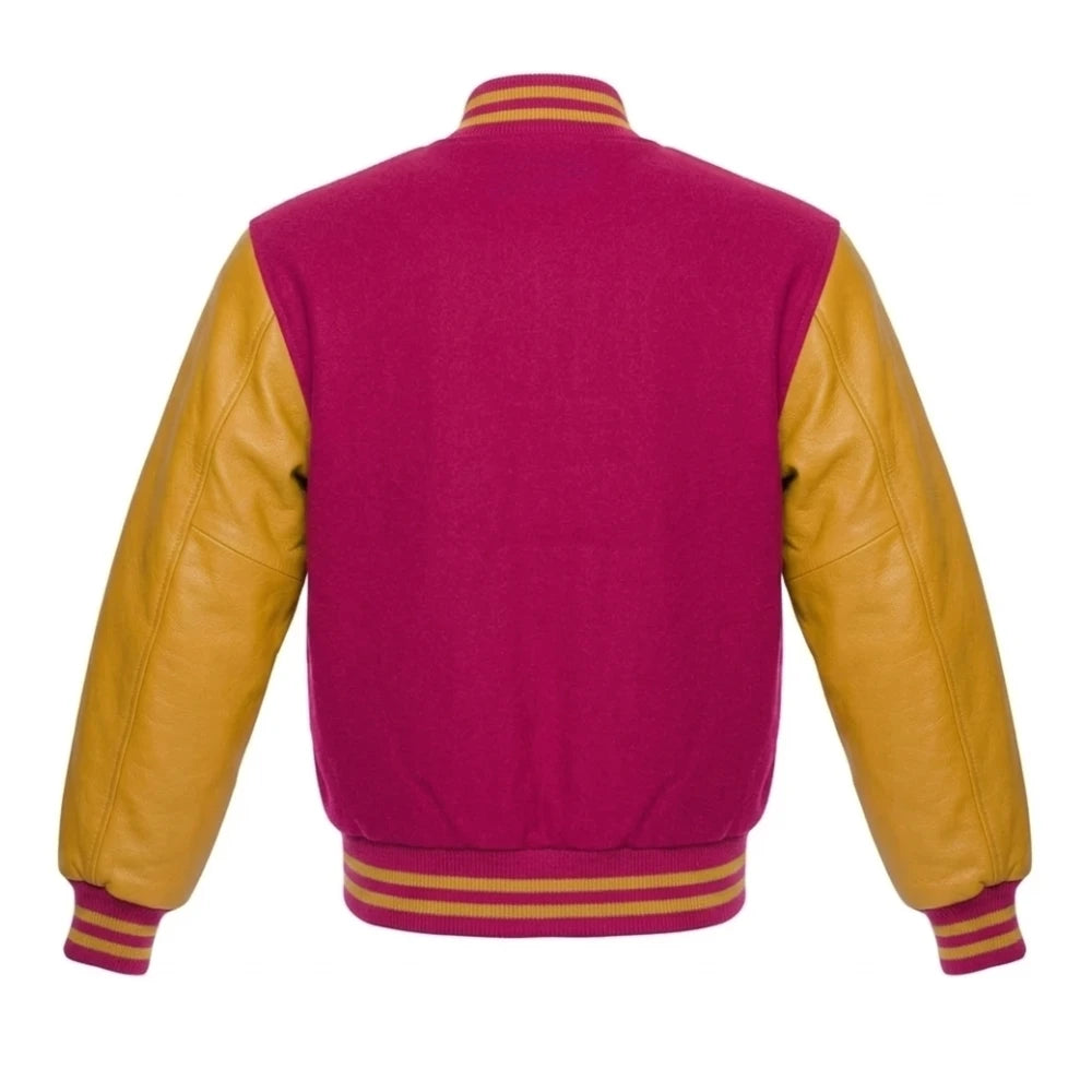 Hot Pink and Gold Varsity Jacket with Wool Body and Leather Sleeves Back Side