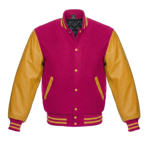 Hot Pink and Gold Varsity Jacket with Wool Body and Leather Sleeves