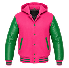 Hot Pink and Green Hooded Varsity Jacket