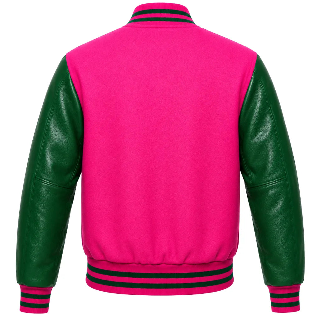 Hot pink wool letterman jacket with green cowhide sleeves, back view