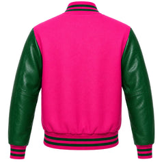 Hot pink wool letterman jacket with green cowhide sleeves, back view