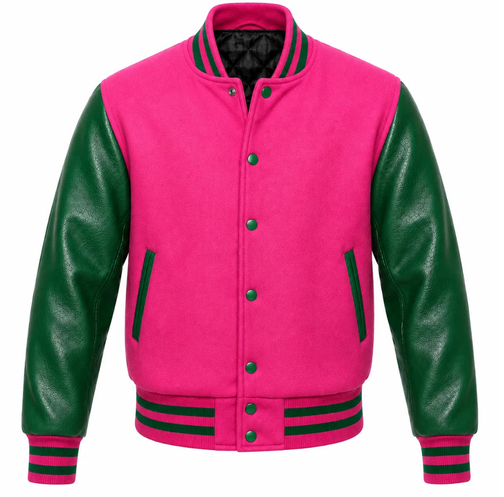 Hot pink melton wool letterman jacket with green leather sleeves, front view