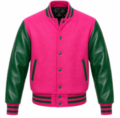 Hot pink melton wool letterman jacket with green leather sleeves, front view