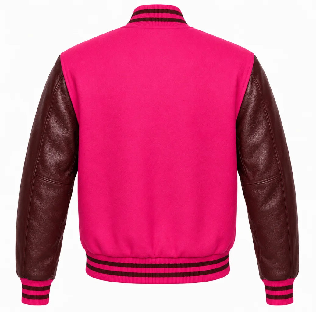 Hot pink wool varsity jacket with maroon cowhide sleeves, back view