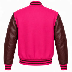 Hot pink wool varsity jacket with maroon cowhide sleeves, back view