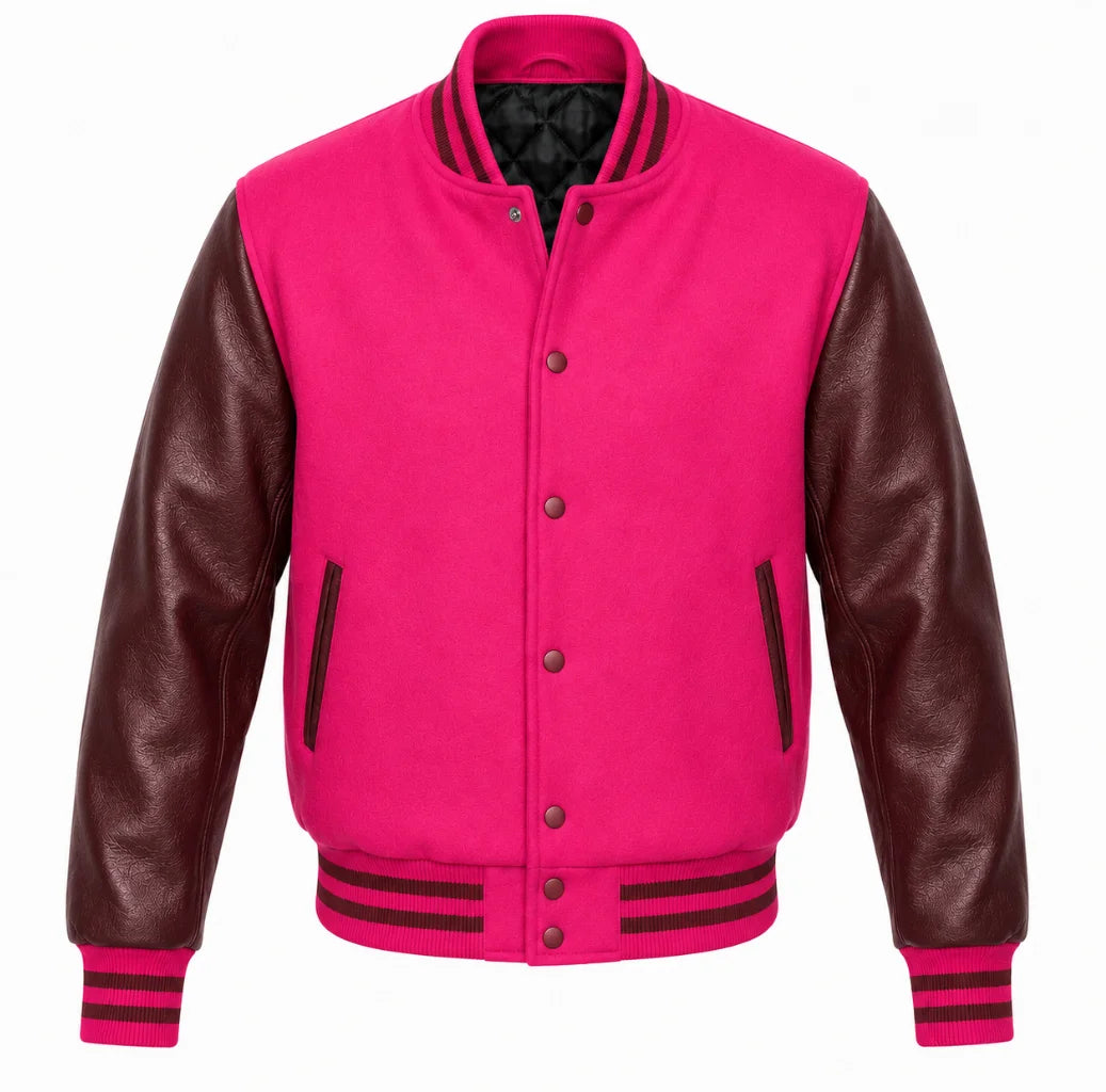 Hot pink melton wool varsity jacket with maroon leather sleeves, front view