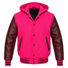 Hot Pink and Maroon Varsity Jacket with Hood