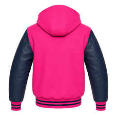 Hot Pink and Navy Blue Hooded Letterman Jacket