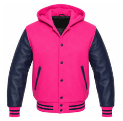 Hot Pink and Navy Blue Hooded Letterman Jacket