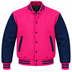 Hot Pink and Navy Blue Wool Varsity Jacket