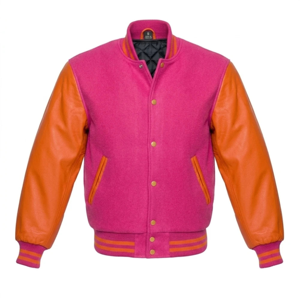 Hot Pink and Orange Varsity Jacket with Wool Body and Leather Sleeves