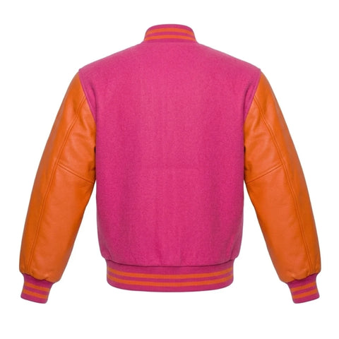 Hot Pink and Orange Varsity Jacket with Wool Body and Leather Sleeves Back Side