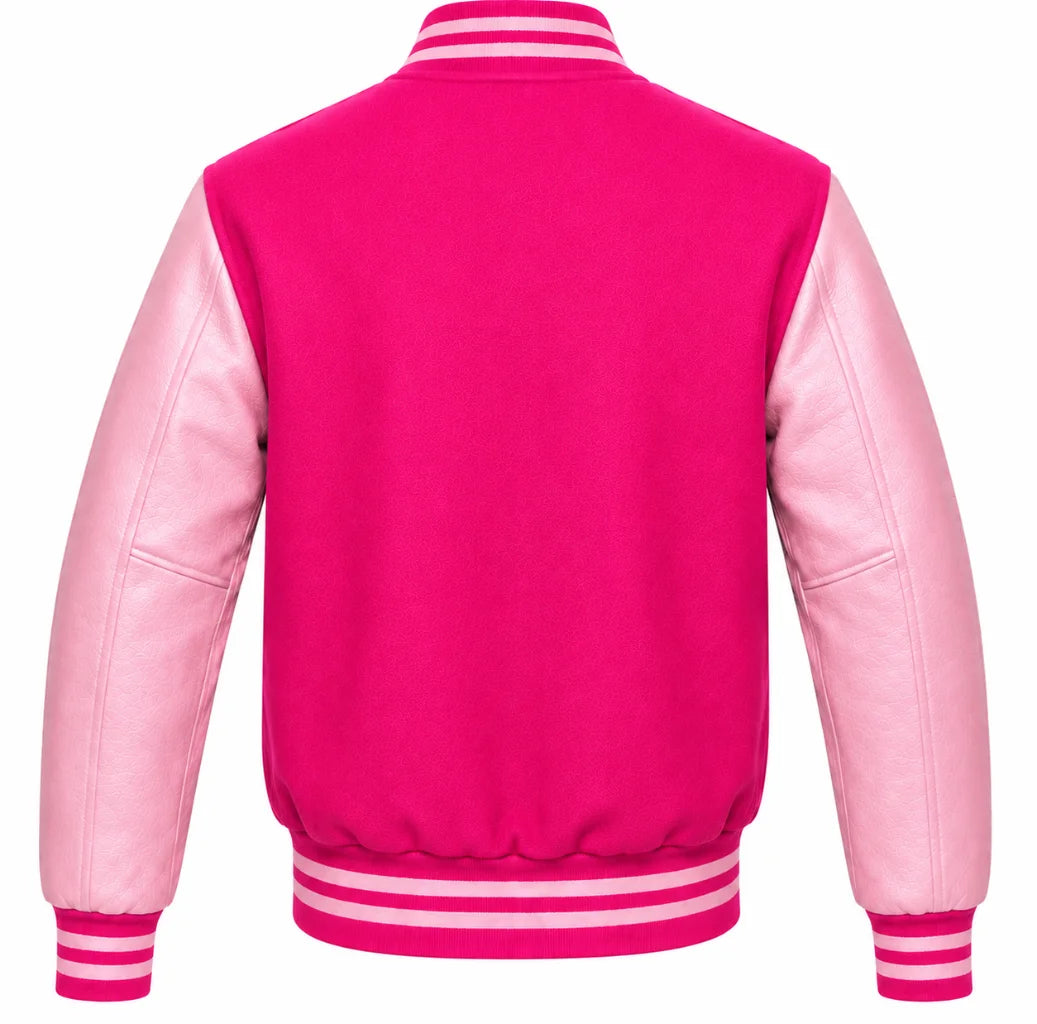Hot pink wool varsity jacket with pink cowhide sleeves, back view
