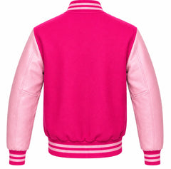 Hot pink wool varsity jacket with pink cowhide sleeves, back view