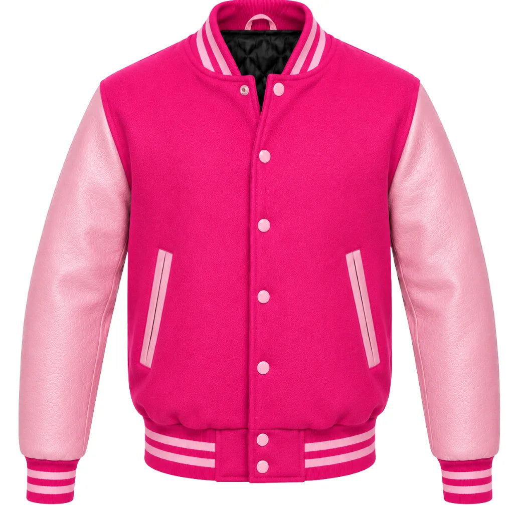 Hot pink melton wool varsity jacket with pale pink leather sleeves, front view