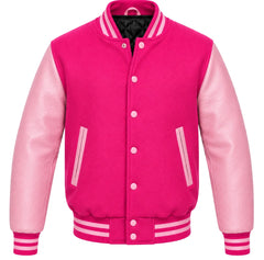 Hot pink melton wool varsity jacket with pale pink leather sleeves, front view