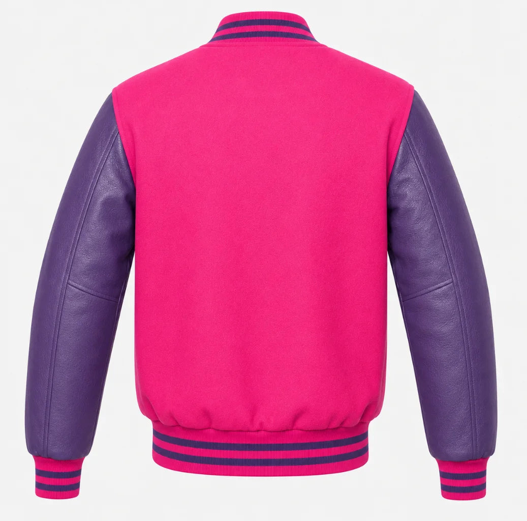 Hot pink wool varsity jacket with purple cowhide sleeves, back view