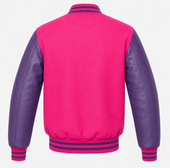 Hot pink wool varsity jacket with purple cowhide sleeves, back view