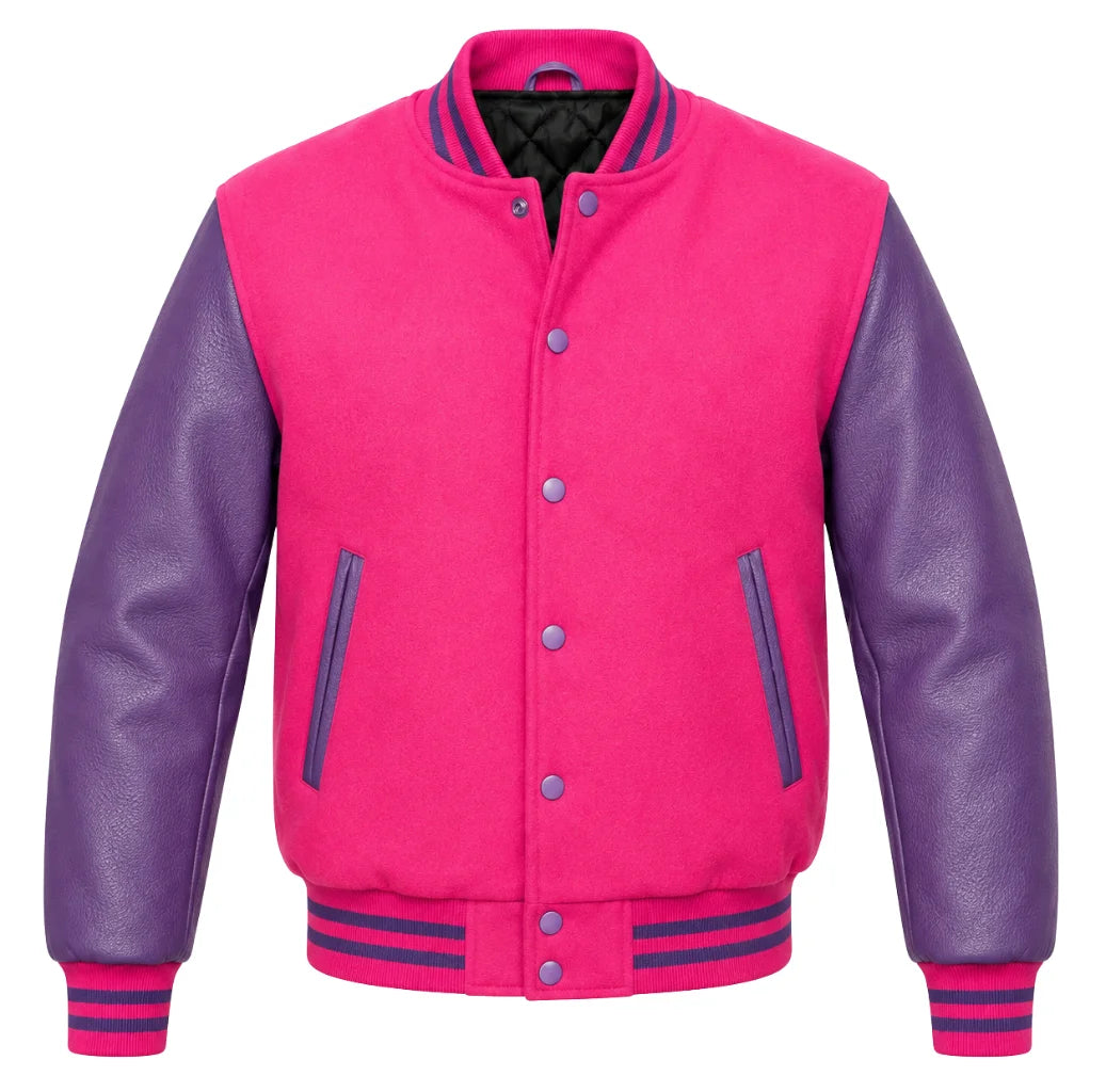 Hot pink melton wool varsity jacket with purple leather sleeves, front view