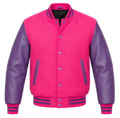 Hot pink melton wool varsity jacket with purple leather sleeves, front view